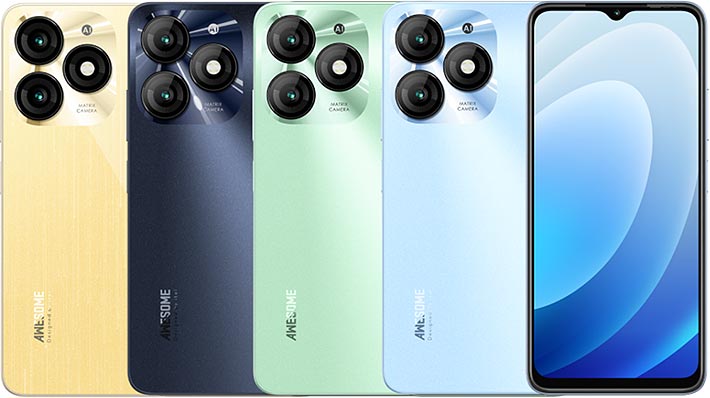 A collection of itel A70 smartphones in various colors including gold, blue, green, and black. They are displayed in a row with the front camera module and rear camera setup visible.